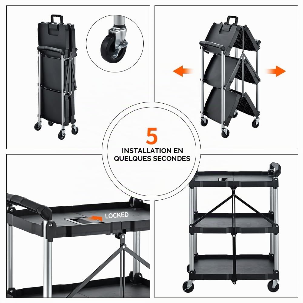 BPT Chariot de service pliable avec roulettes, chariot pliable avec 3 étagères, chariot de cuisine pour l'extérieur et la maison