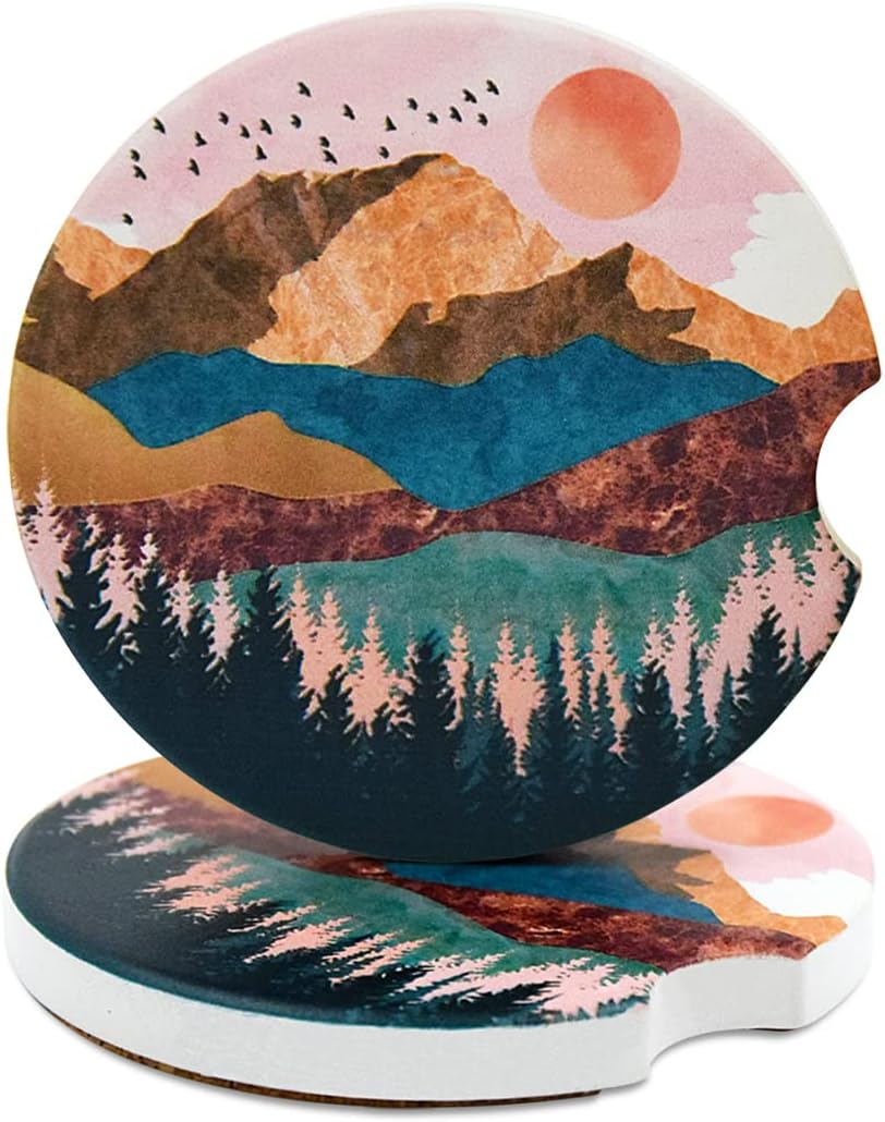 CTCNGH 2 Pack Car Coasters for Cup Holders Mountain Sunset, Ceramic Car Cup Holder Coaster Absorbent for Drinks with Cork Base -Absorb Condensations, Keep Car Cup Holders Dry and Clean, 2.56 Inches