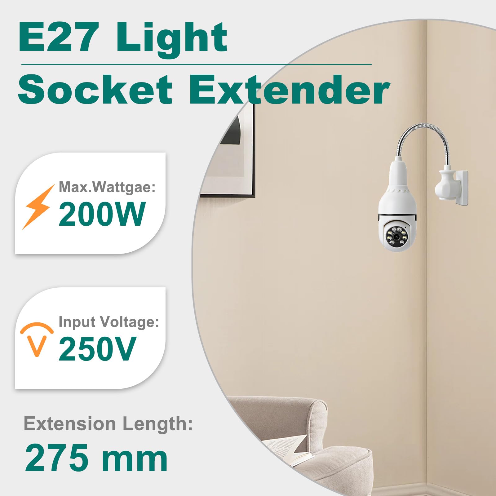 DiCUNO Przedłużka do Lamp E27, 27,5 cm, Adapter z Gwintem E27, Oprawka Lampy LED, Halogeny, CFL, 200 W, 250 V, 2 A, PBT i Aluminium, 2 Sztuki