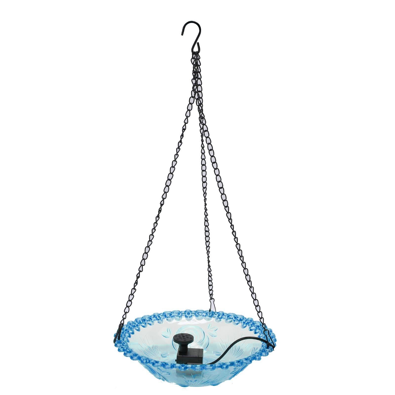 Fuente de baño para pájaros azul alimentada por USB y estación de agua colgante