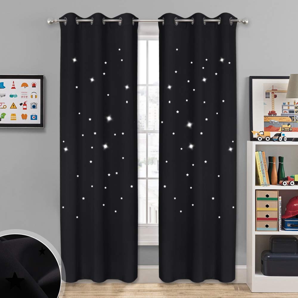 NICETOWN Kids Room Darkening Curtains - Laser Cutting Hollow Twinkle Stars Space Themed Thermal Insulated Blackout Drapes for Nursery and Bedroom Decor (1 Pair, 42 x 84 inches, Black)