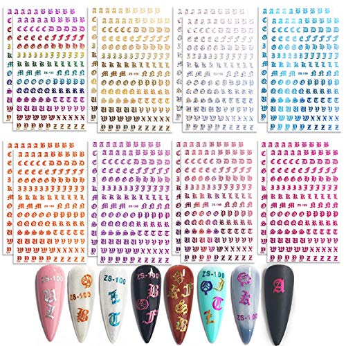 16 Sheets Holographic Letter Nail Sticker for Women 8 Colors Holographic Old English Nail Decals for Women Word Nail Art Decor