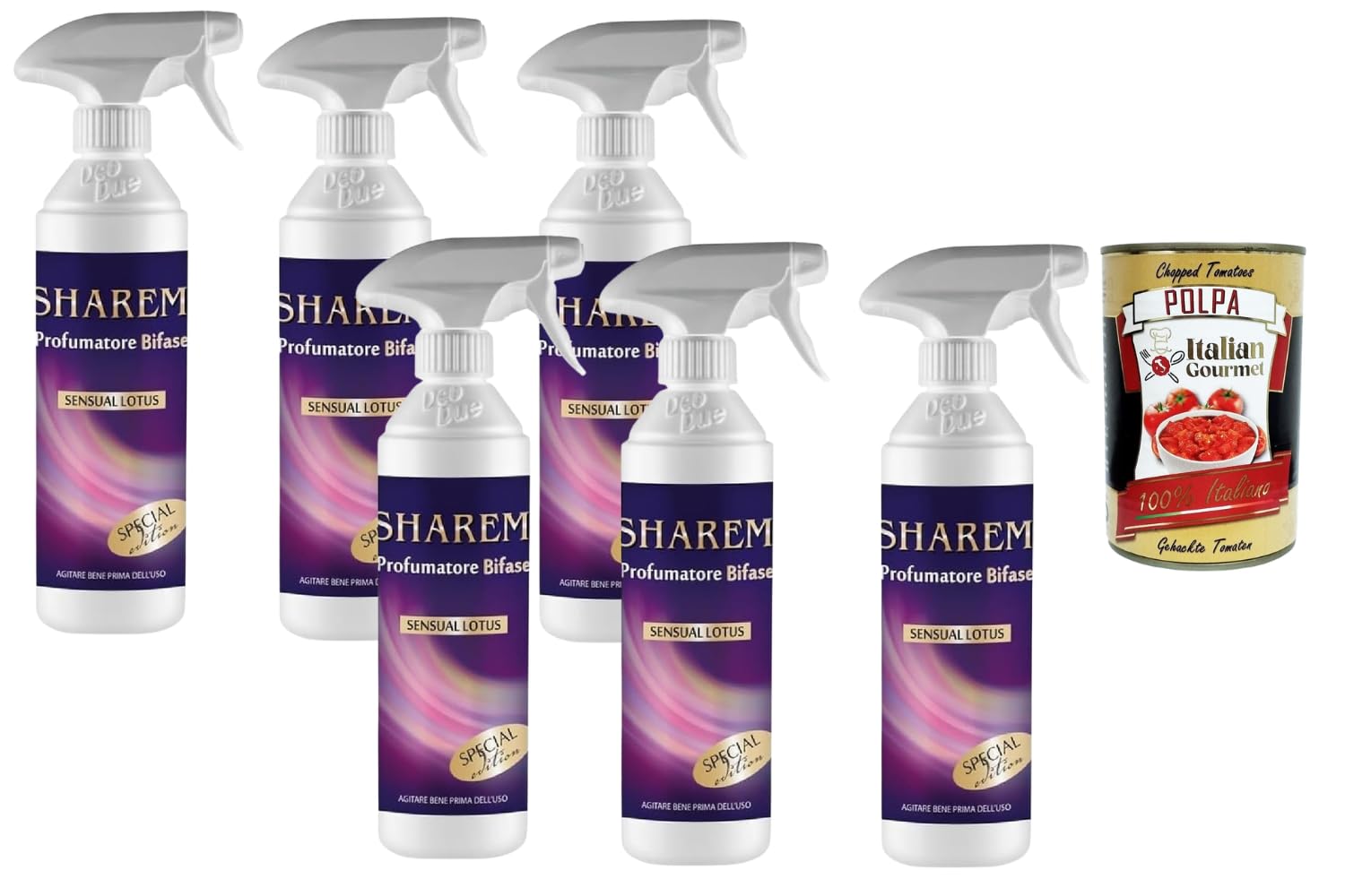 Italian Gourmet Bundle Deo Due Raumduft Spray Bifase 6x 500ml – Geruchsneutralisierer & Duftspray für Haushalt, Bad, Küche, Textilien (Trigger Sprühflasche) + Italian Gourmet Polpa