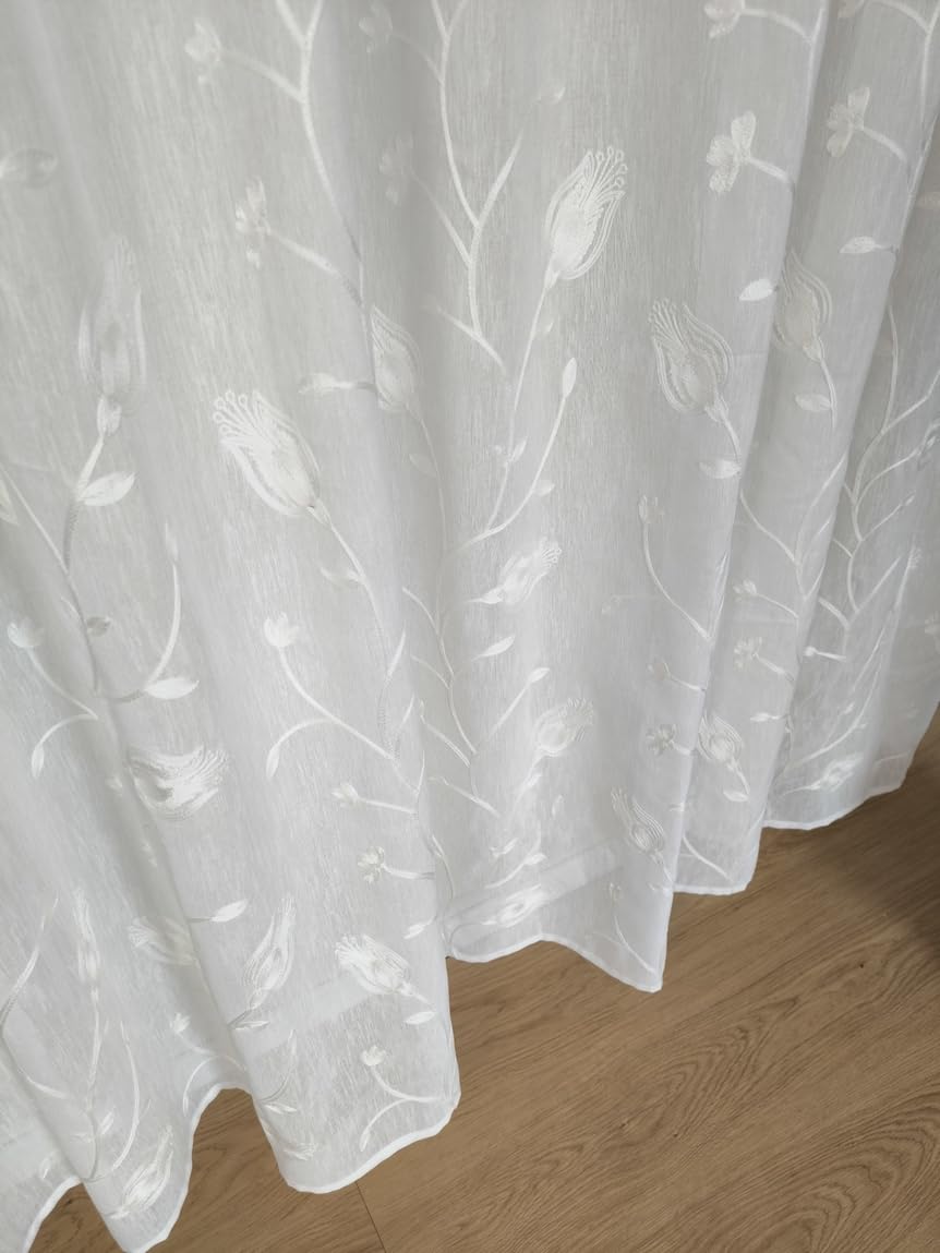 Tende su Misura per Interni con Fettuccia Arricciatenda, Tessuto Bianco Ricamato a Motivo Floreale, Larghezza 280 cm, Compatibile con Binari da 140/170 cm, Altezza Regolabile 180-280 cm - 280x265 cm