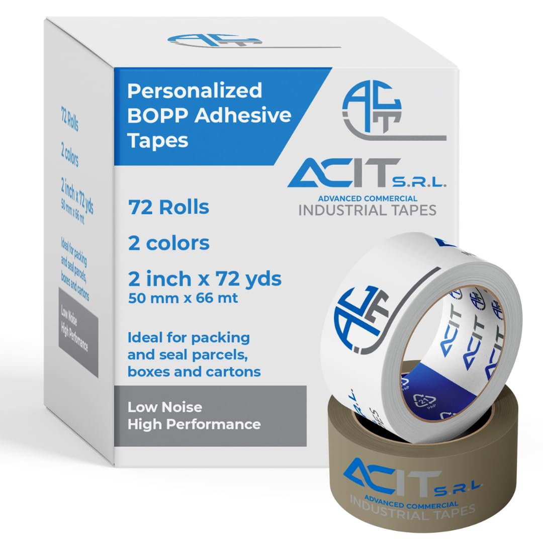 ACIT Personalisiertes Klebeband, Verpackungsband für Pakete und Umzugskartons, personalisiertes Klebeband mit Logo, 72 Rollen 2 Farben, 66 oder 132 m (66 mt)