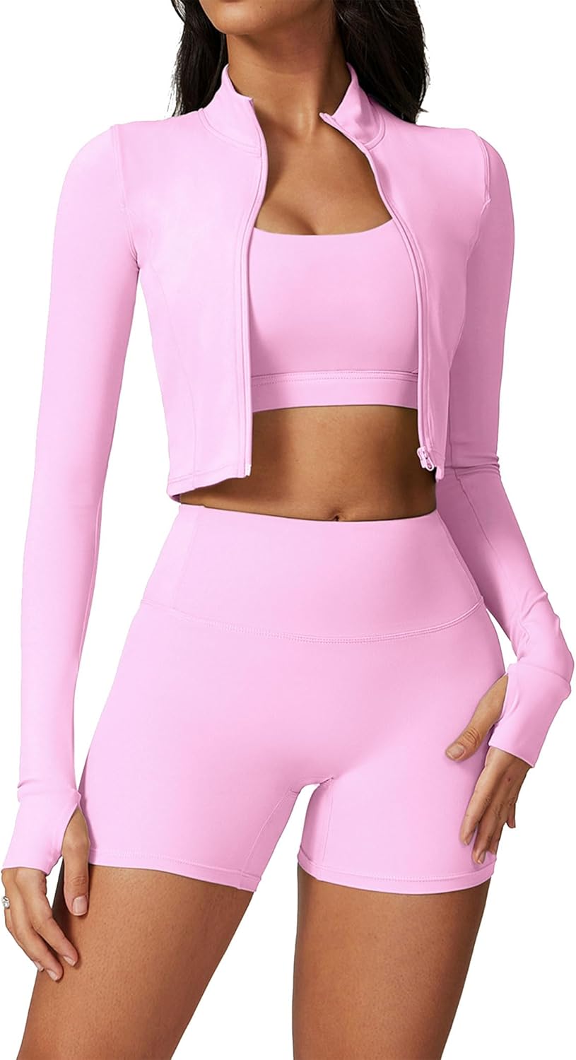 Womens Workout Sets 3 Piece Seamless Shorts Crop Top Long Sleeve Jacket Gym Yoga Outfit Sports Bra Set Running Clothes