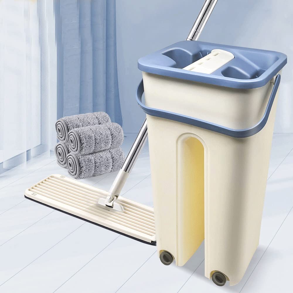 fregona Mopas de Limpieza Libre de la Mano de la fregona Manos Libres Squeeze fregona con Cubo de la fregona Plana Herramienta de la Cocina Inicio mop (Color : A)