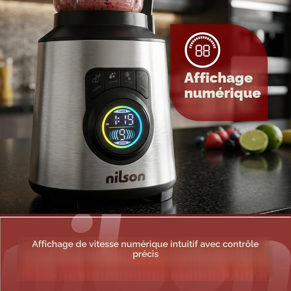 Mixeur Nutritionnel, 1200 W, Puissance Maximale, Capacité 1,5 L, 9 Vitesses, Affichage LED Manuel, Broyage, Mélange et Hache Glace, Fonction Turbo, NTB1200DX, Câble 80 cm, Inox