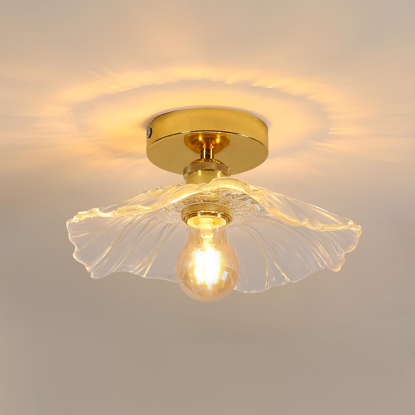 Comely Lámpara de Techo Dorada E27 – Diseño Flor Dorada de Cristal Transparente – Plafón de Techo para Pasillo, Dormitorio o Salón (Bombilla no incluida)