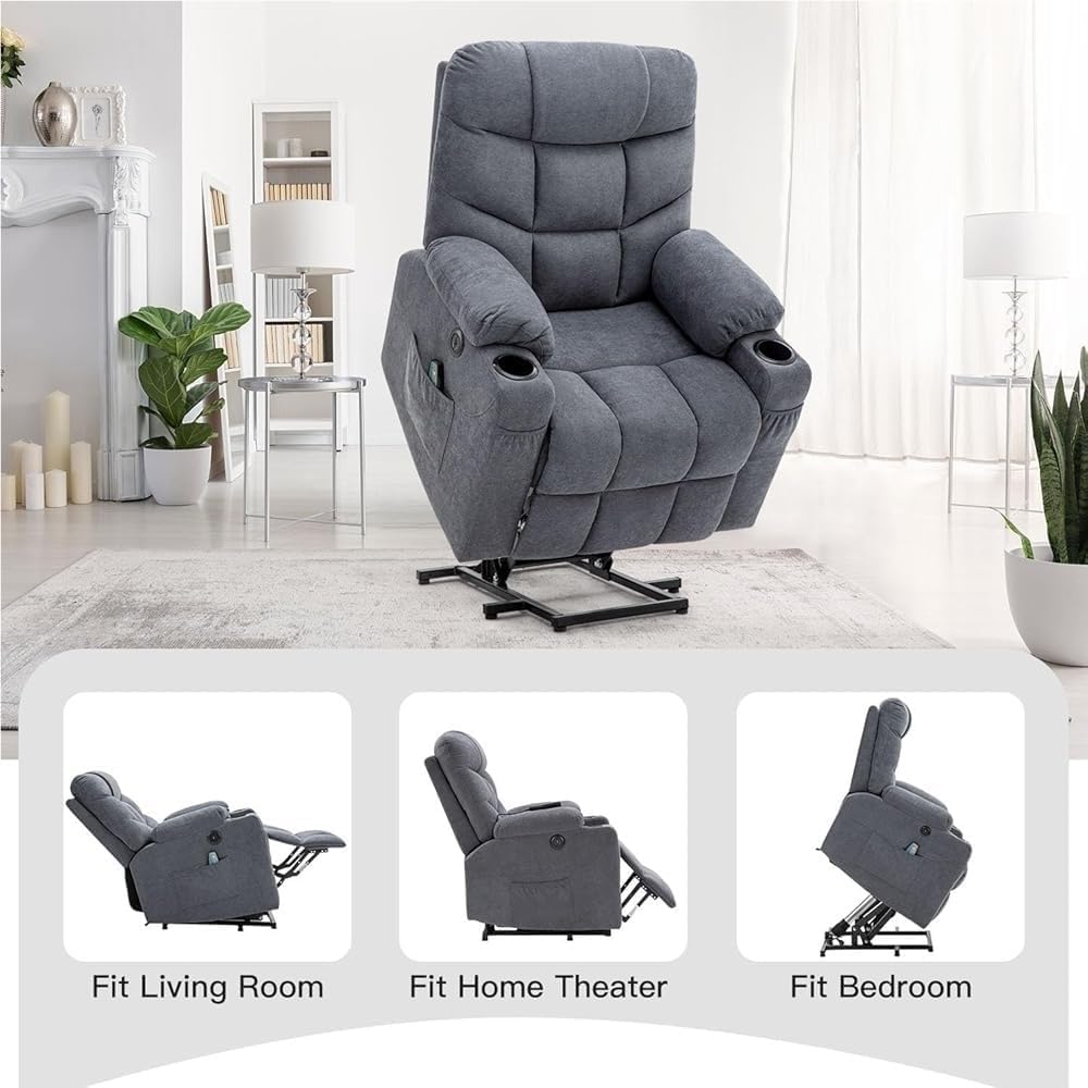 Electric Lift Recliner Chair for Elderly with Heated Vibration Massage Heavy Duty Lift Recliner with USB Port Side Pockets and Cup Holders for Comfort