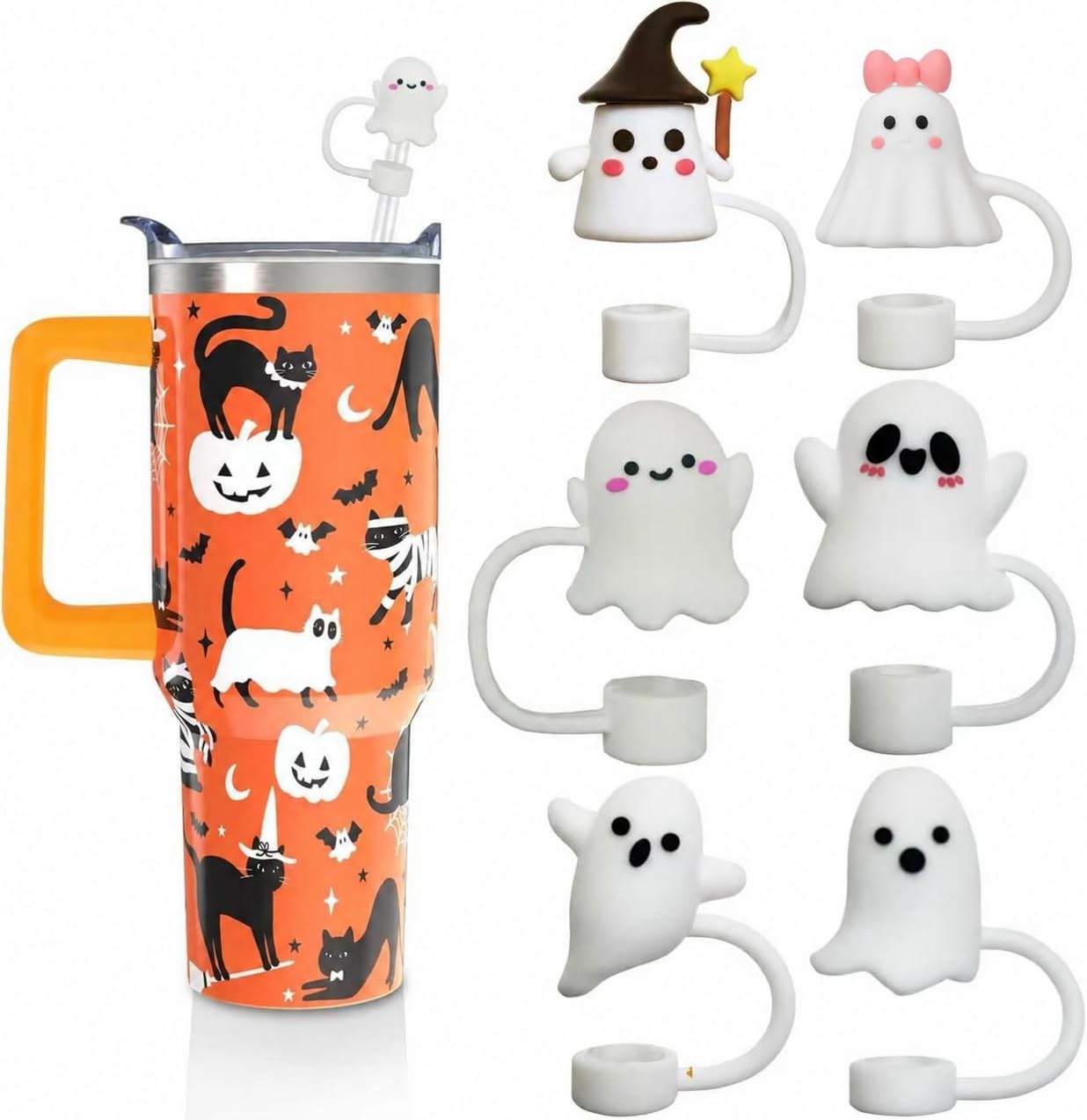 6pcs Halloween Straw Cover Cap For Stanley Cute Ghost Silicone Straw Toppers10mm 0.4in Dust-Proof Reusable Straws Cap for Halloween Gifts