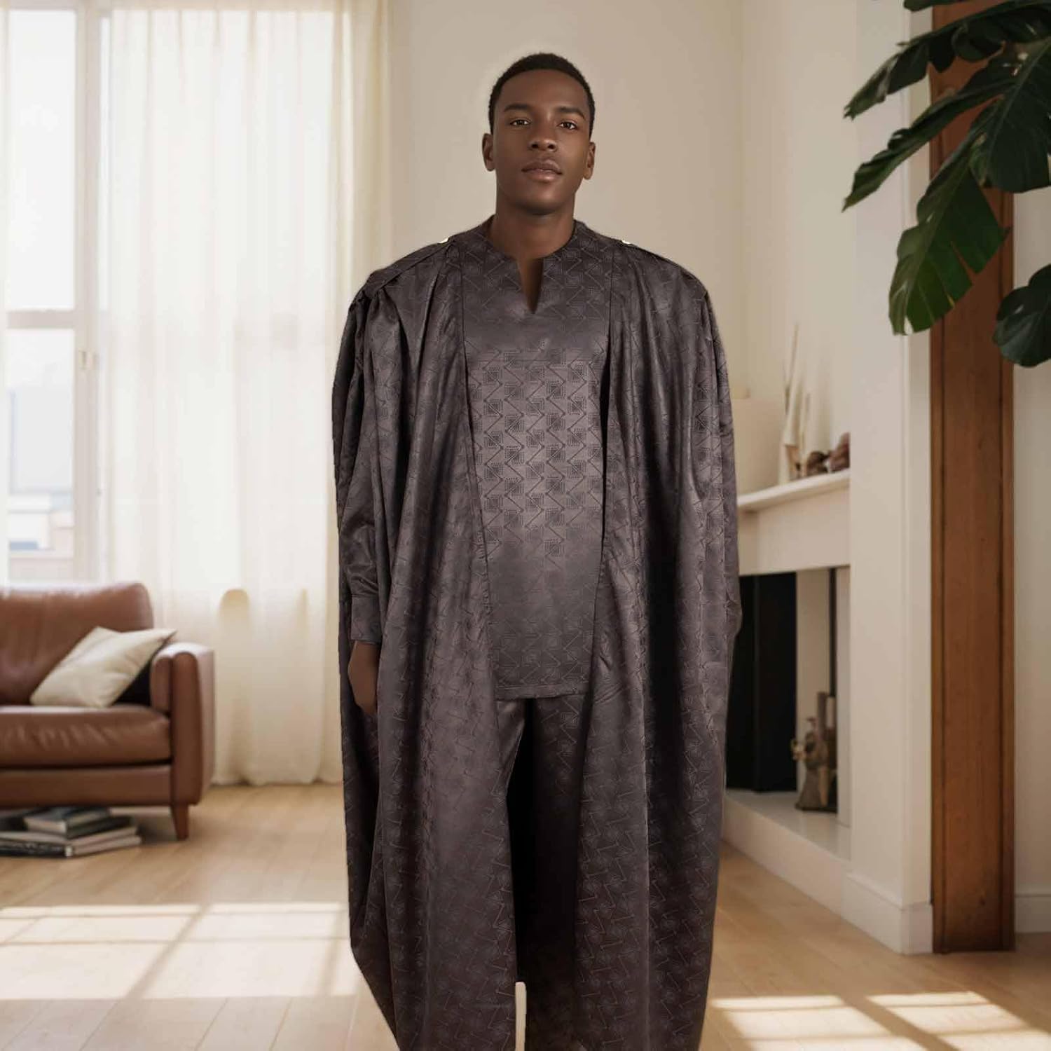 African Clothes for Men Cape V-Neck Full Sleeve Shirts Pants 3 Piece Set Agbada Robe Wedding Evening Outfits