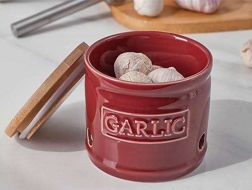 Miniatura 2 de ONEMORE Garlic Keeper con tapa, protector de ajo de cerámica de 4 pulgadas, rojo oscuro
