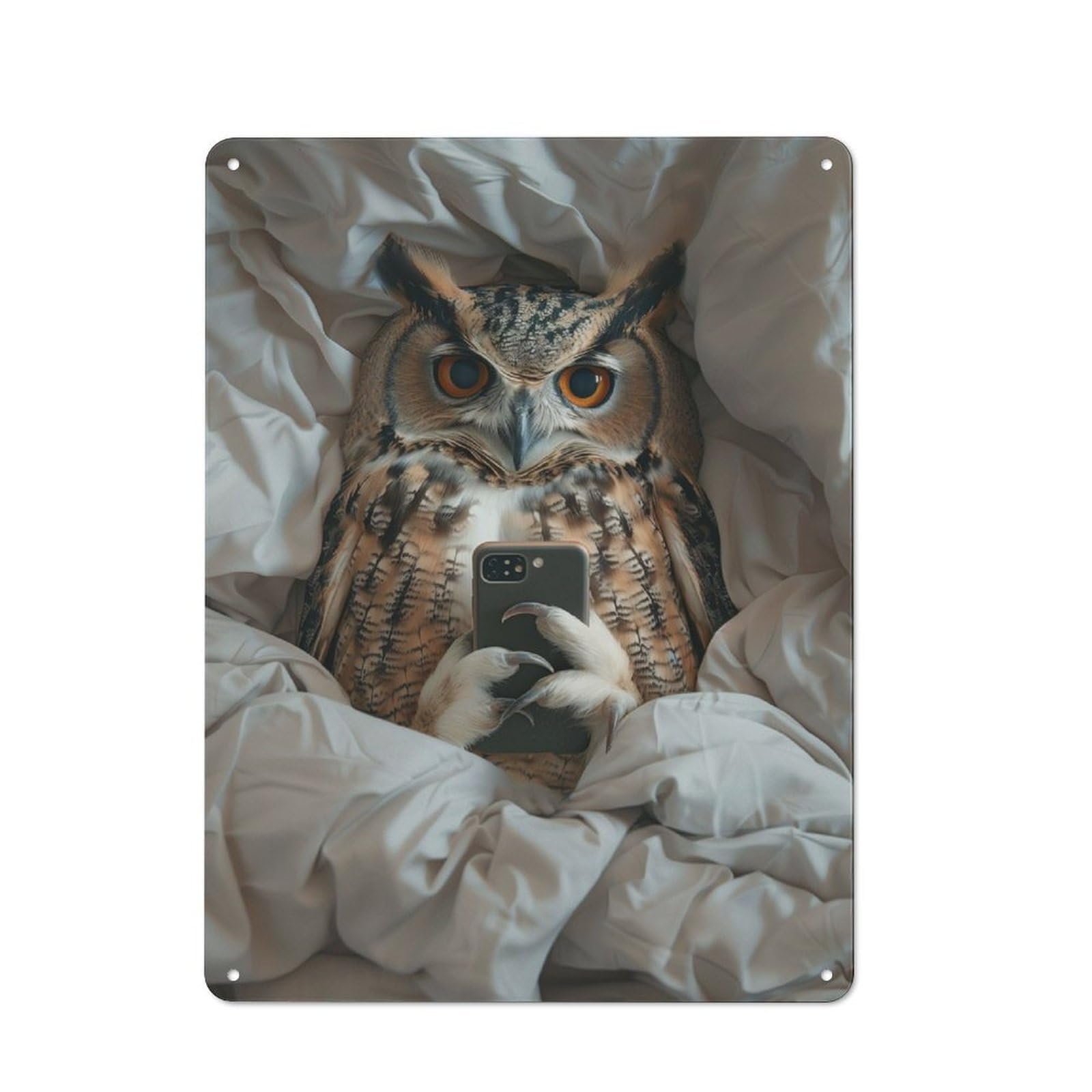 Junmoney Funny Owl Bed Mobile Phone Country Vintage Metal Wall Decor 40X30cm, Country Metal Sign For Kitchen, Cottage, Porch Or Garden Room