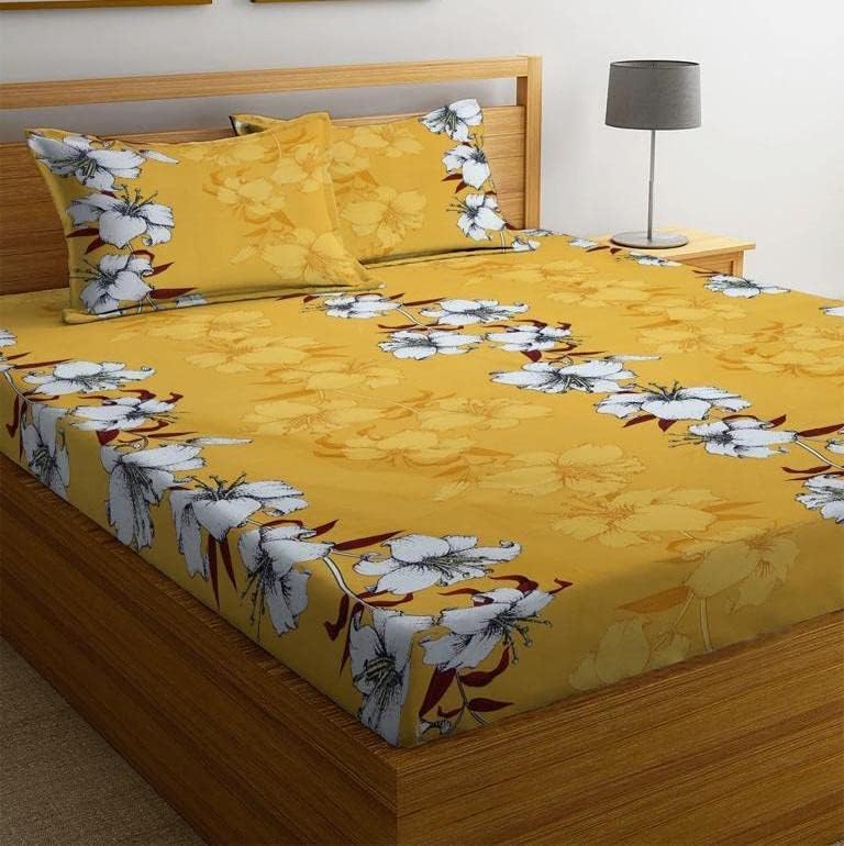 Image of Glace Cotton Double Bedsheet 90x90 Inch with 2 Pillow Covers 18x28 Inch - Bright Yellow Floral Print Bed Sheet Set - Soft Flat Bedcover for Double Mattress Bedroom Hostel Room - Yellow Flower