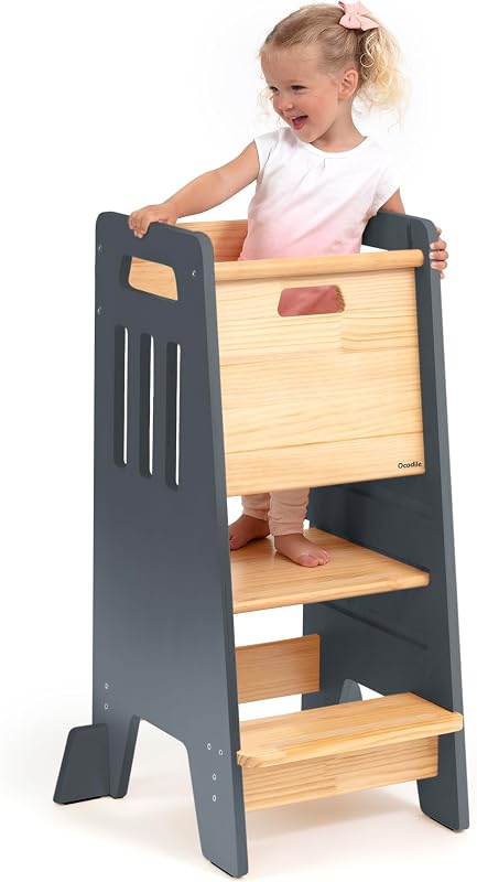 Toddler Tower with Sliding Door - 3 Adjustable Heights - 2026 Design Gray | Non-slip strips on the steps, padded support feet and thick wooden panels make it safe to use in the kitchen and bathroom