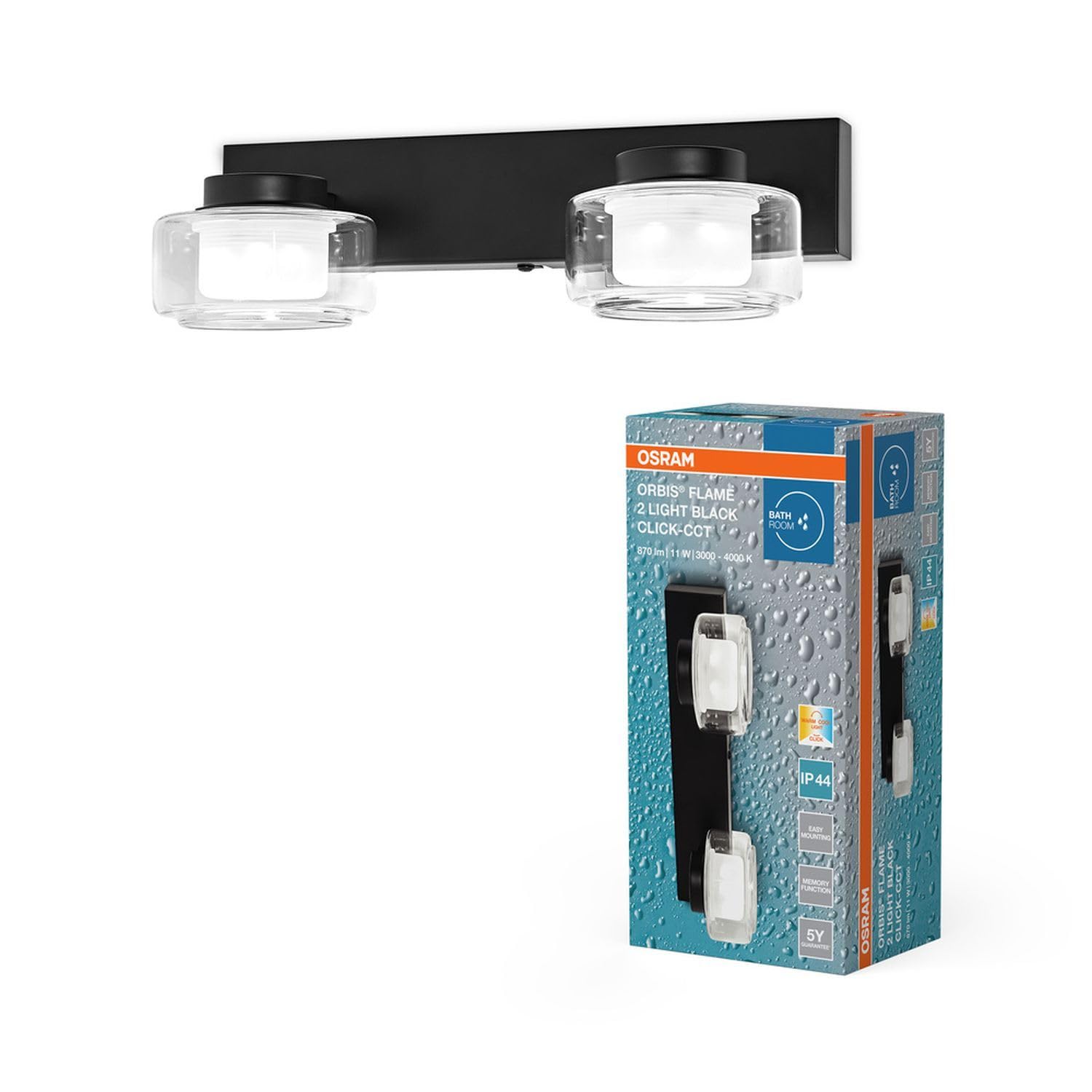 Licht-Erlebnisse LED Wandleuchte Metall Glas Schwarz 3000-4000 K Click-CCT IP44 modern Bad Flur Schlafzimmer Treppenhaus B:30 cm Wandlampe Badezimmer