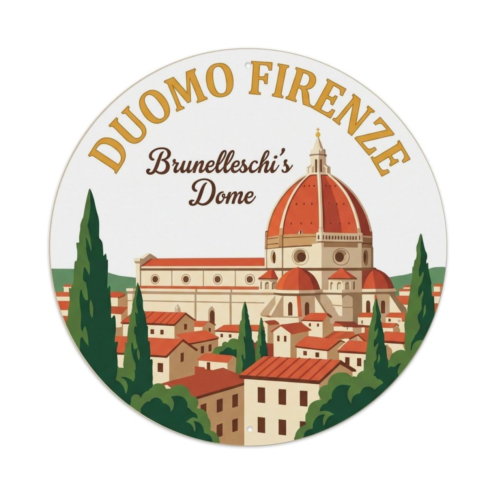 Vintage Travel Duomo Rooftops Florence Metal Tin Sign Plaque Wall Decor for Cafe, Club, Garden Round Metal Poster 8x8Inch