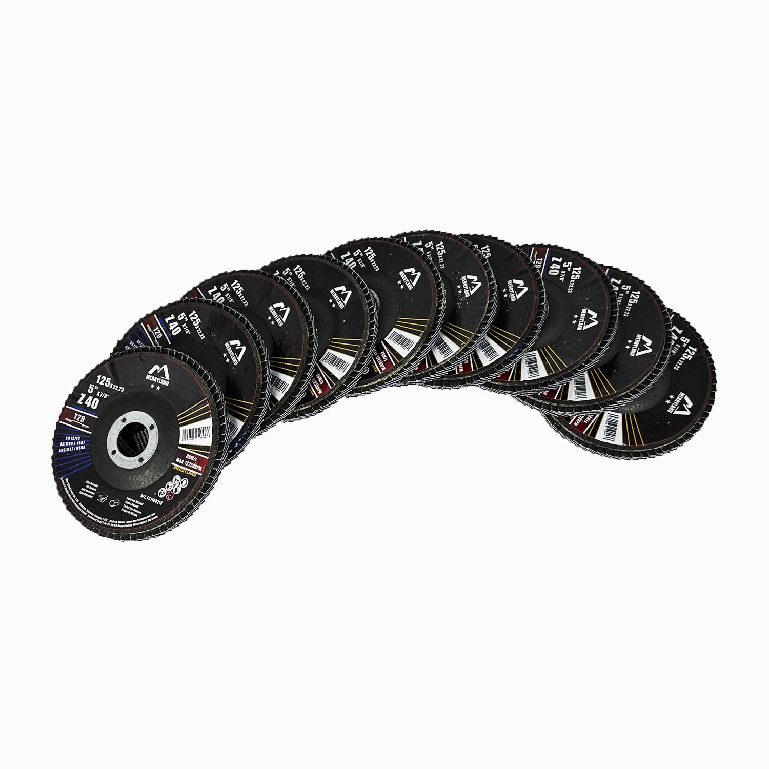 Merryland Disco de Láminas Lijadoras 125mm Grano 40 T29 10 Piezas Corindón De Circonio Azul Acero INOX Hierro