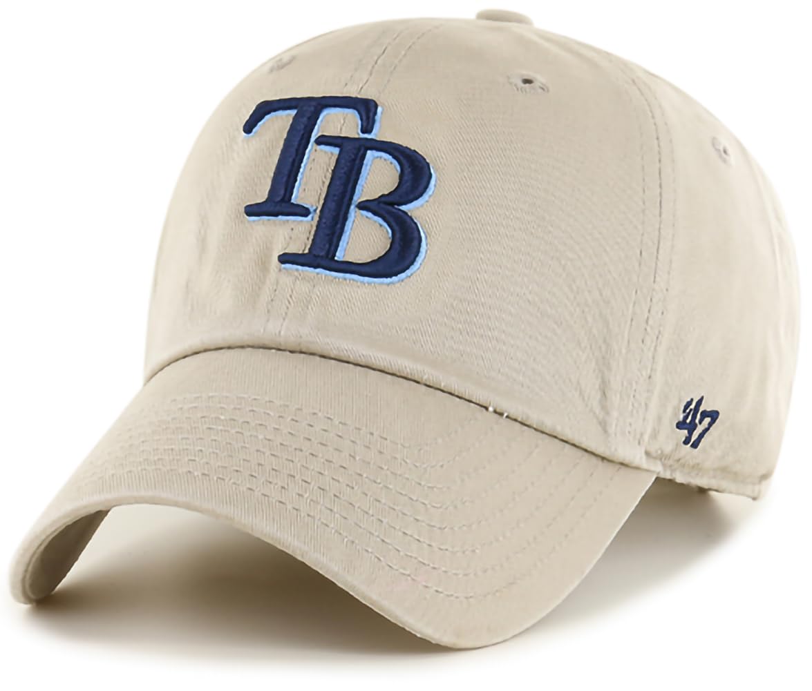 47 Brand MLB Khaki Primary Logo Clean Up Adjustable Strap Baseball Dad Hat Cap, Adult One Size Fits All, Tampa Bay Rays, One Size