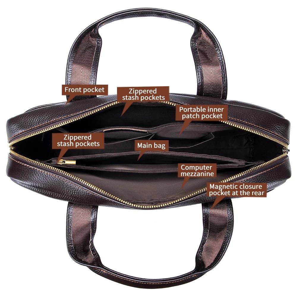 Borsa uomo pelle vacchetta grana fine, tracolla ufficio per laptop | Valigetta da lavoro impermeabile a tracolla, borsa multifunzionale per spostamenti quotidiani