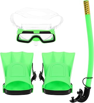 Snorkeling Gear Set with Diving Mask and Flippers, Lightweight Snorkel Set for Swimming and Scuba Diving, Green Size 25-30, Practical Water Sports Equipment