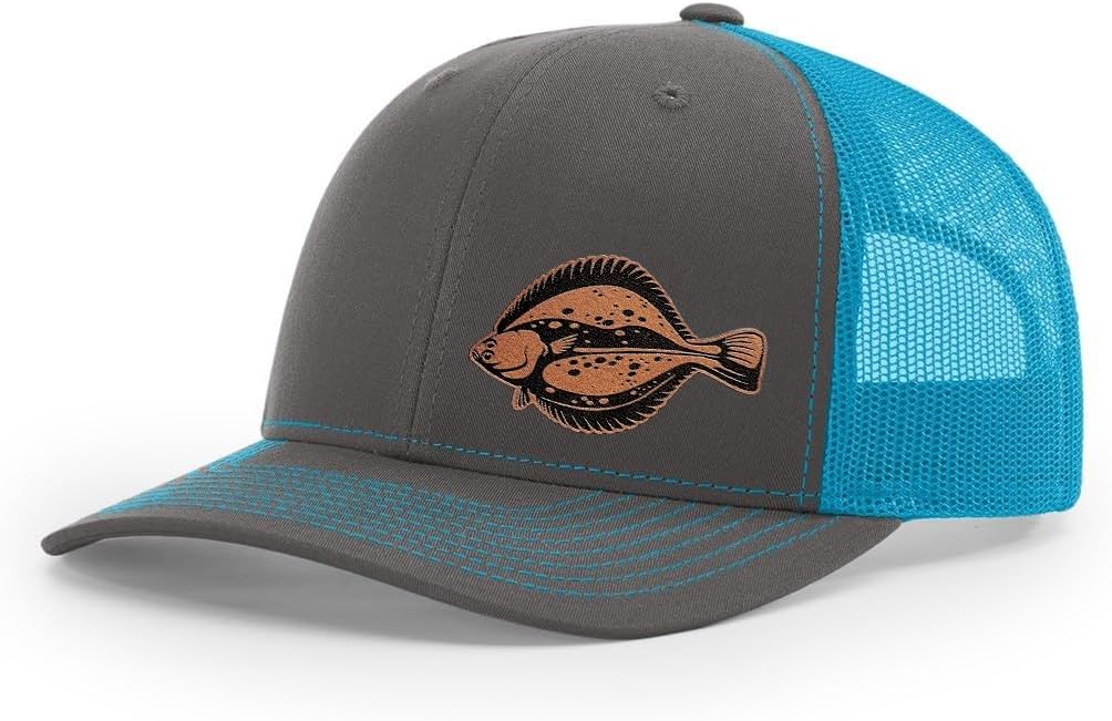 Flounder Fishing Hat Laser Engraved Leather Patch Richardson 112 Snapback Trucker Cap