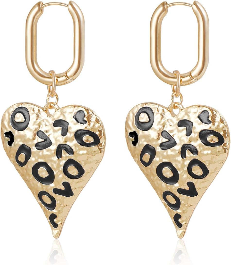 Chunky Gold Heart Dangle Earrings for Women Leopard Animal Print Heart Earring Vintage Heart Statement Hoop Earrings Fashionable Jewelry Accessary