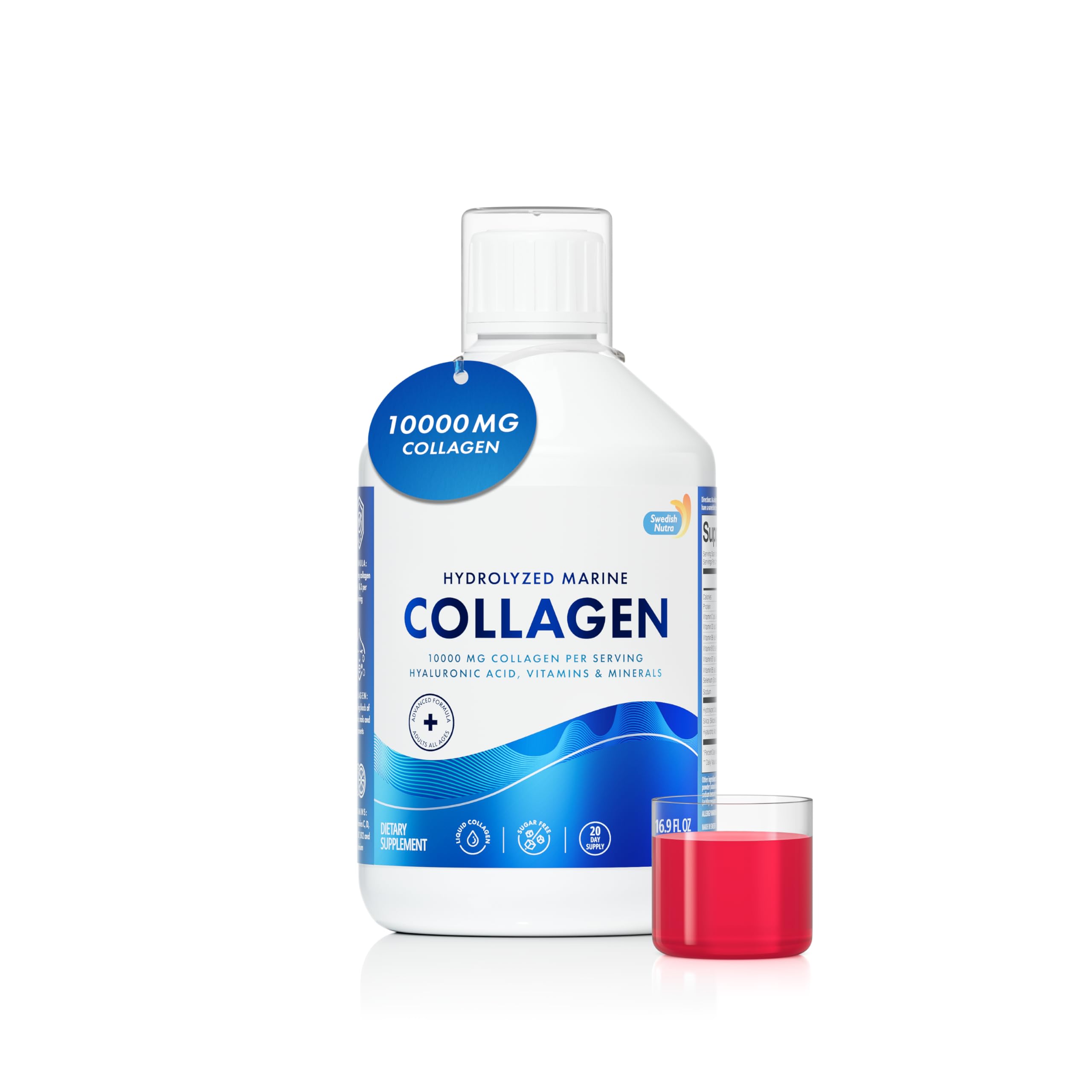 Swedish Nutra - 10,000 mg Hydrolyzed Marine Collagen Liquid Supplement - 500 ml, 20 Day Supply | Hyaluronic Acid, Biotin and Vitamin C for Healthy Hair, Skin, Nails and Joints | Sugar-Free