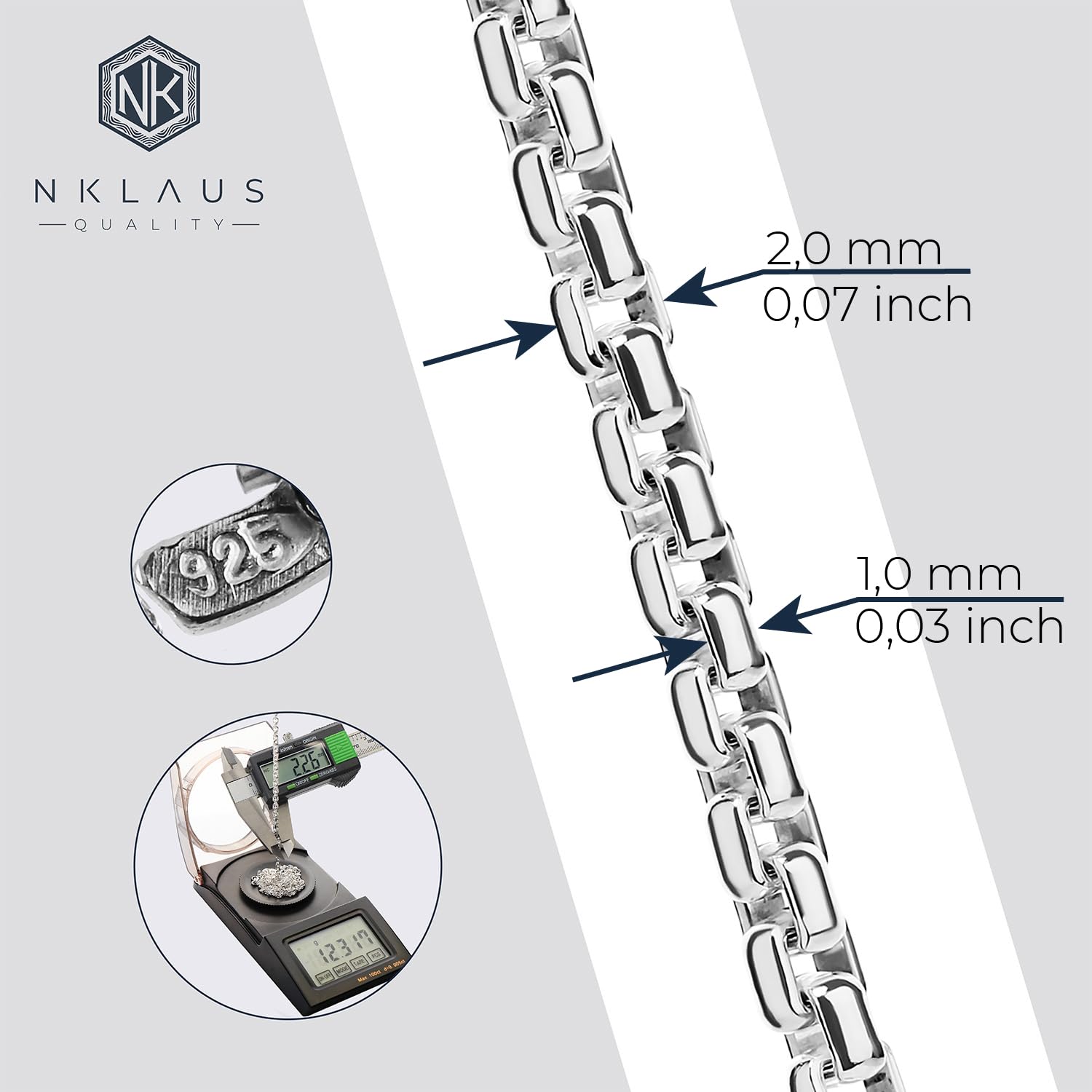 NKlaus łańcuszek wenecki 2,0 mm (długość 70-80) srebro wysokiej próby 925 łańcuszek na szyję kolia e srebro, Naszyjnik Biżuteria Męska Damska, colore: srebro, cod. 9268