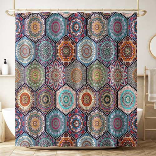 ZhiRain Boho Floral Shower Curtain Vintage Bohemian Flower Patterned Waterproof Fabric Bathroom Curtains Home Privacy Bath Decor with Hooks 66x72Inch