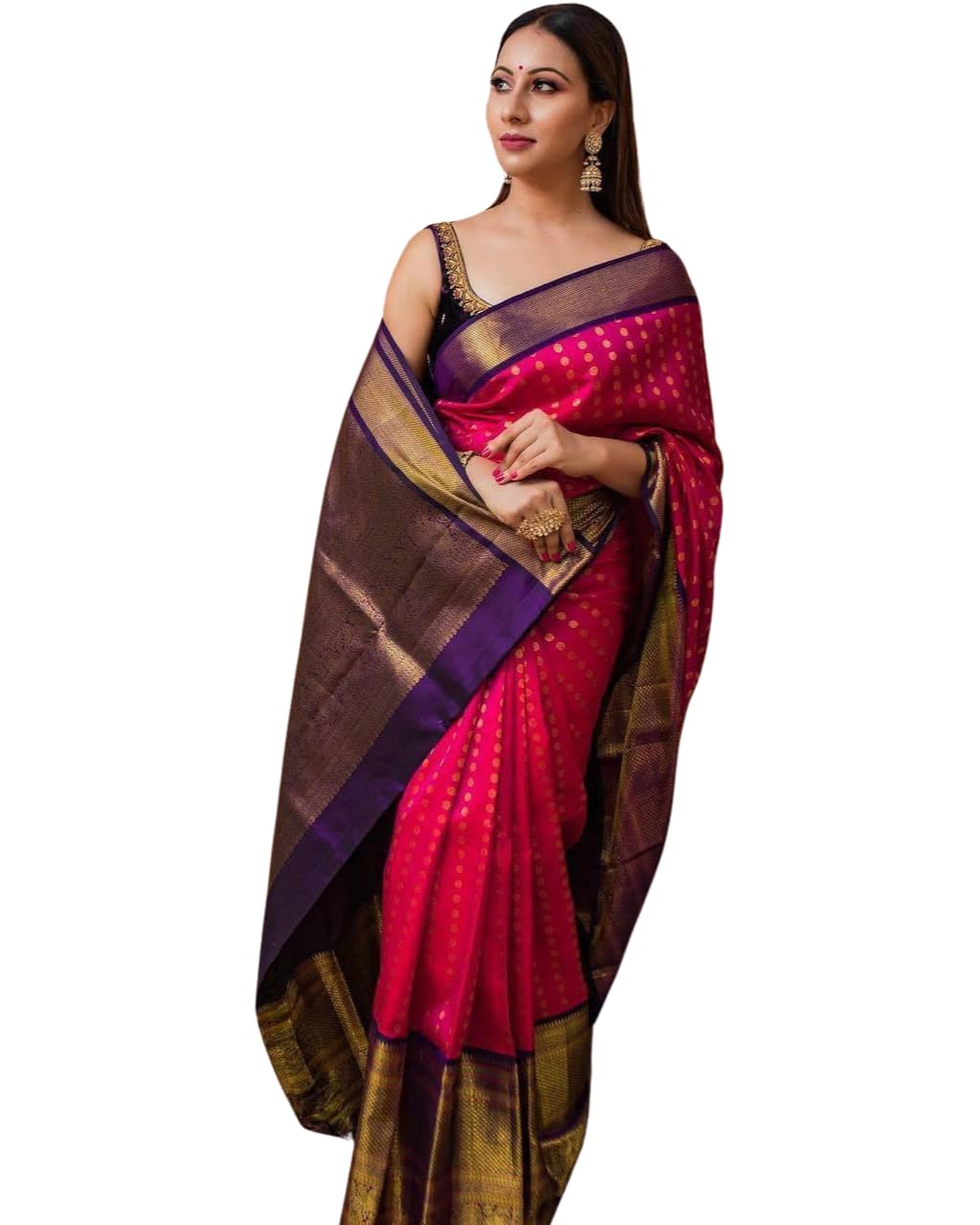 Women Soft Silk Saree with en Polka Weave, Purple Contrast Border and Rich Pallu, Saree for Wedding, Ethnic Wear-Pink-image-35