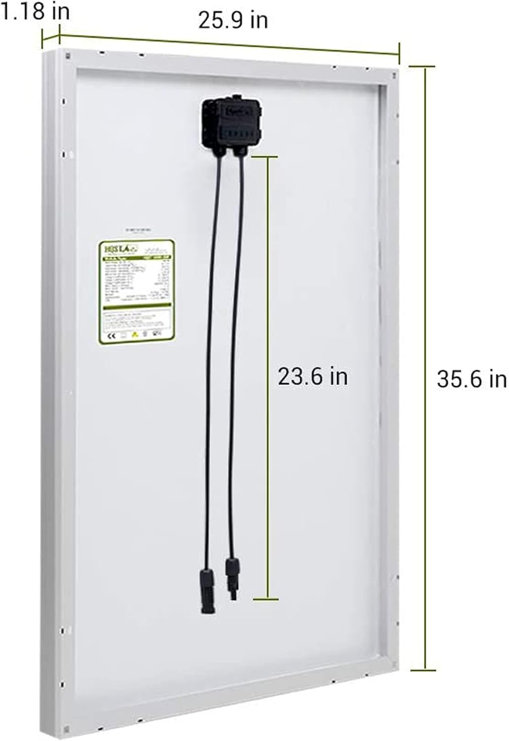 Dimensions of the HQST Solar Panel, showing length, width, and thickness.