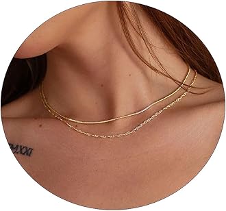 Tasiso Herringbone Choker Necklace Set Double Layer Snake Chain Herringbone Chain Necklace Layering Necklace Set Cuban Chain Necklace for Women