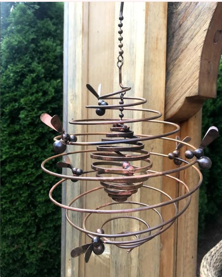 Honey Bee Spiral Hanging Spinner – Copper Color Metal Wind Mobile for Garden, Patio, Yard, or Porch – Outdoor Decorative Kinetic Art – Labor Day Seasonal Yard Ornament