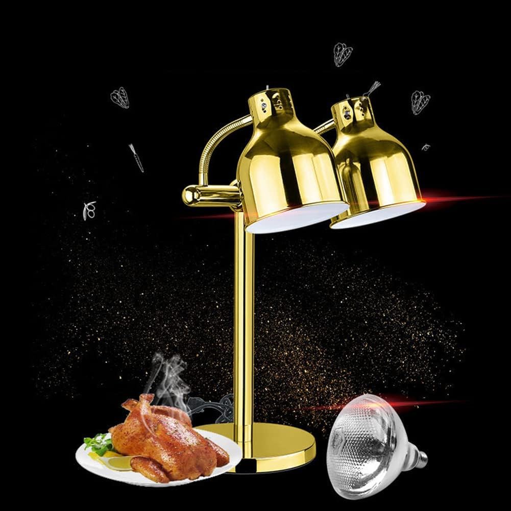 Podgrzewacz żywności Lampa grzewcza do żywności z żarówką 275W Bufet Lampy grzewcze do frytek, smażone jedzenie, pizza, pączki, makarony | Złoty (kolor: podwójna żarówka)