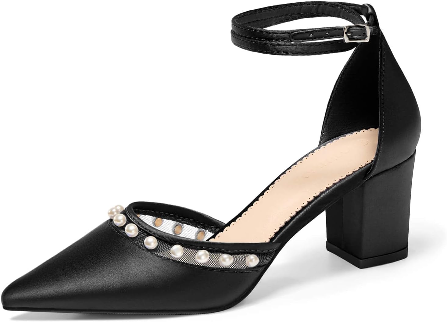 Coutgo Womens Pearl Chunky Heels Wedding Shoes for Bride Closed Pointed Toe Ankle Strap Satin Pumps
