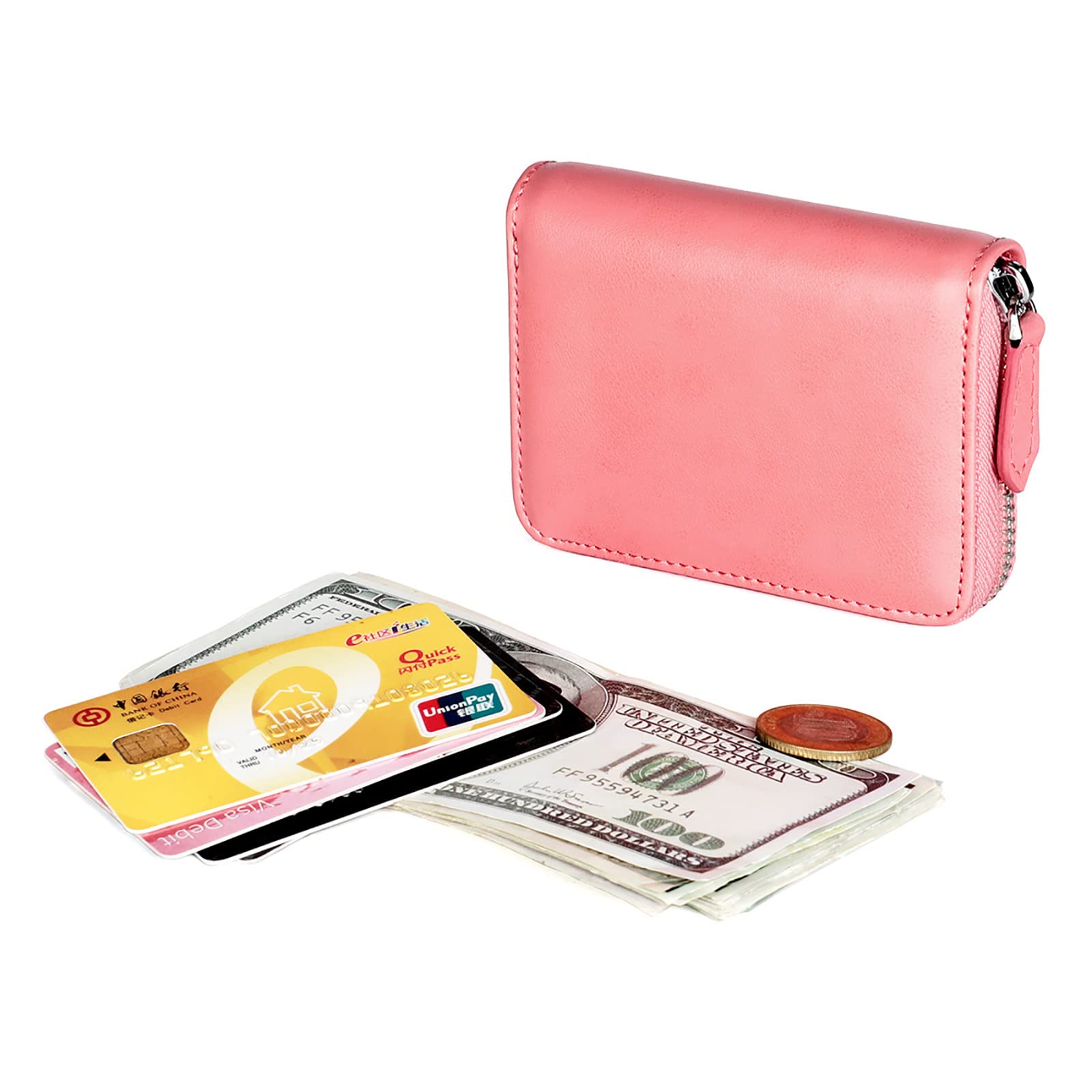 Damen Geldbeutel mit RFID Reißverschluss-Geldbörse Herren Damen Soft Touch PU-Leder Kartenhalter Münz-Organizer,Pink,One Size