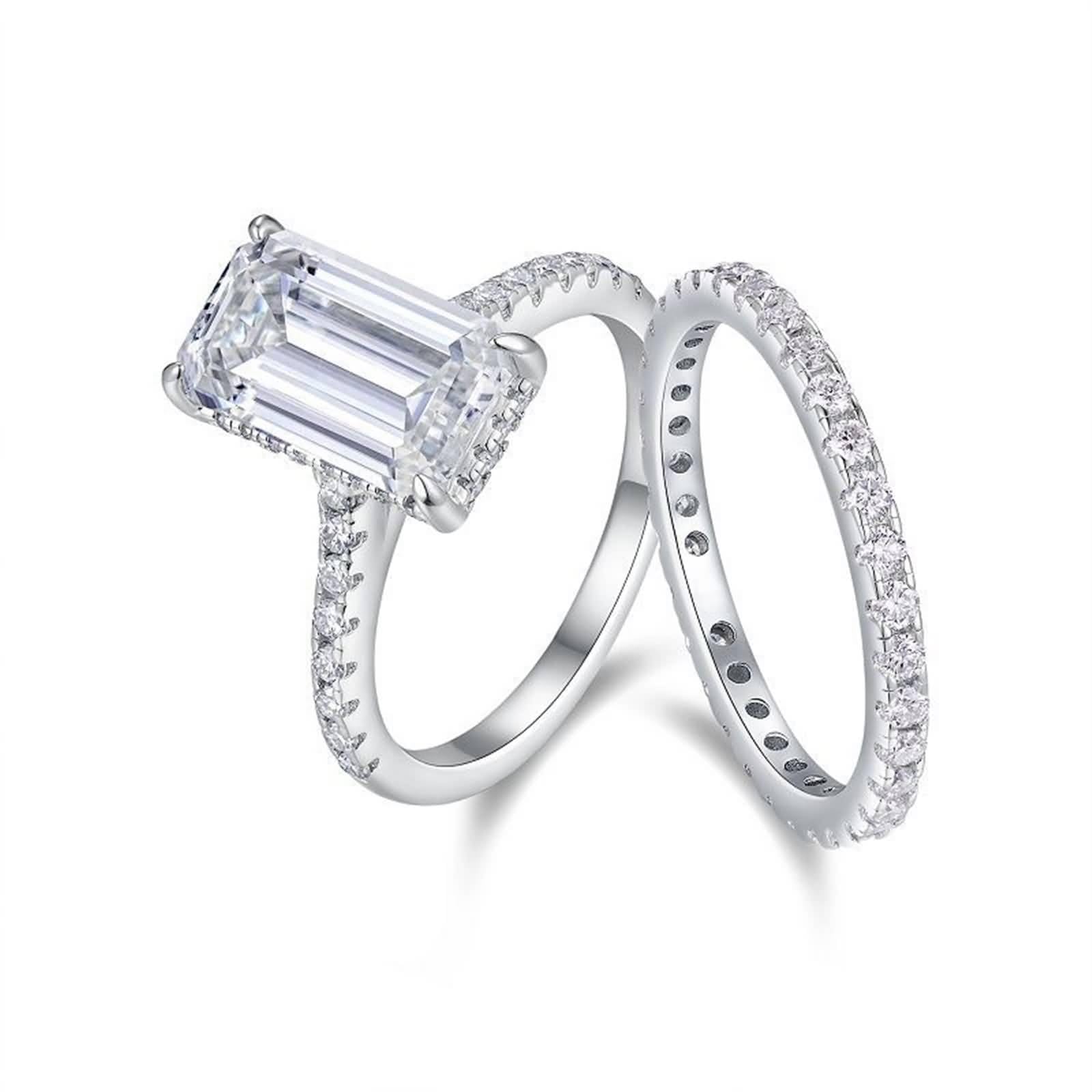 Srebrne pierścionki dla kobiet, moda, boho pierścionki 2 pierścionki zestaw z prostokątnym moissanitem 7 x 12 mm, 14-karatowe białe złoto, rozmiar N 1/2