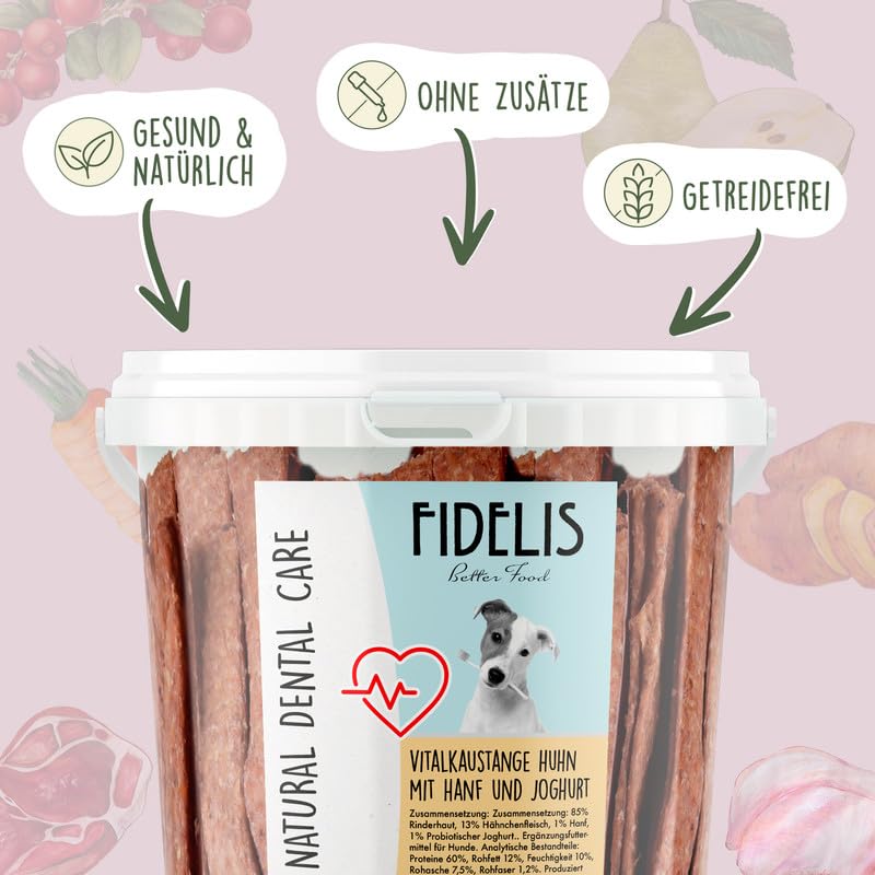 Fidelis - Vitalkaustange Huhn mit Hanf und Joghurt – funktionale Zahnpflege Snacks für Hunde 500g-Eimer – Luftgetrocknet aus 100% natürlichen Rohstoffen - Hunde Leckerli als Snack zur Zahnhygiene