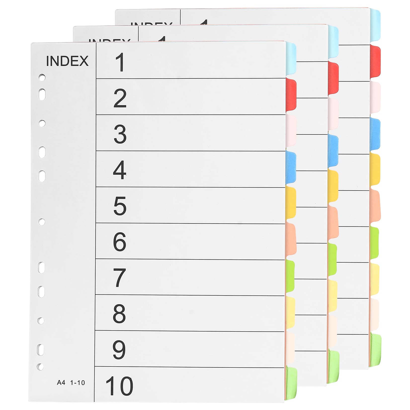 JiuXinYuKeJi3 Pack A4 Coloured Index Dividers, 10 Tabbed File Separators, Durable Multi-Colour Classification Sheets for Ring Binders & Lever Arch Files, School Office Home Organisation