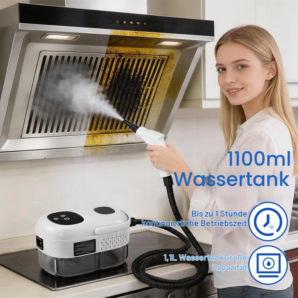 Tragbarer Dampfreiniger, 2500W Dampfreiniger Handgerät, Handdampfreiniger mit 1100ML Wassertank und 3 Bürstenköpfen, Hochdruck Dampfreiniger für Küche, Badezimmer, Auto, Teppiche (Weiß)