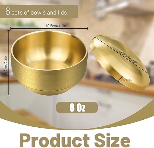 Miniatura 2 de Cuencos de acero inoxidable 304 de 4.1 pulgadas con tapas, cuencos de sopa de doble pared de 8 onzas, cuenco de cereales de metal dorado, pequeños