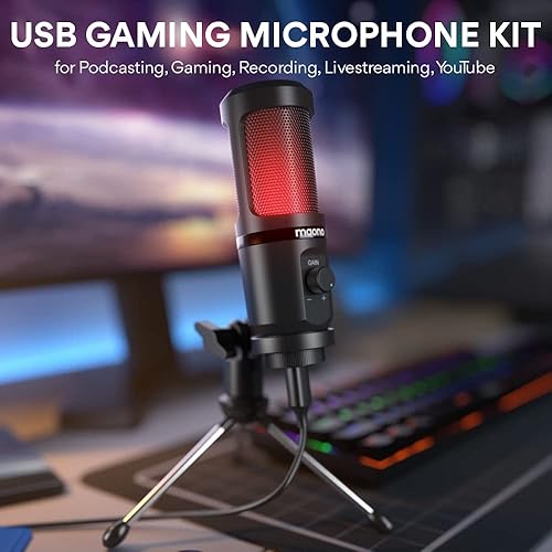 Miniatura 2 de MAONO Micrófono USB para juegos para PC, micrófono de condensador de computadora con perilla de ganancia, luz RGB, soporte de trípode para