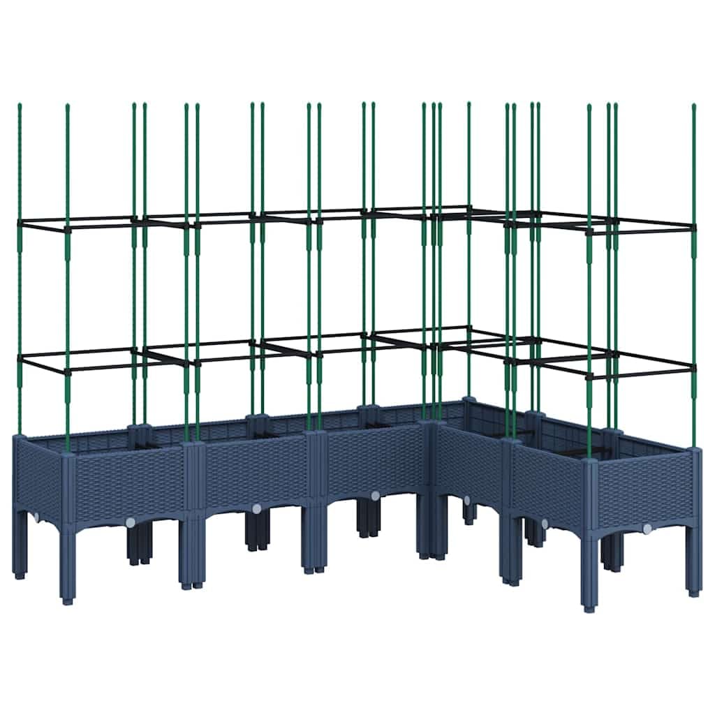 Jardinera elevada con enrejado, color gris azulado, 160 x 120 x 142,5 cm, polipropileno, diseño moderno, robusto y duradero, maceta elevada para jardín, balcón y terraza