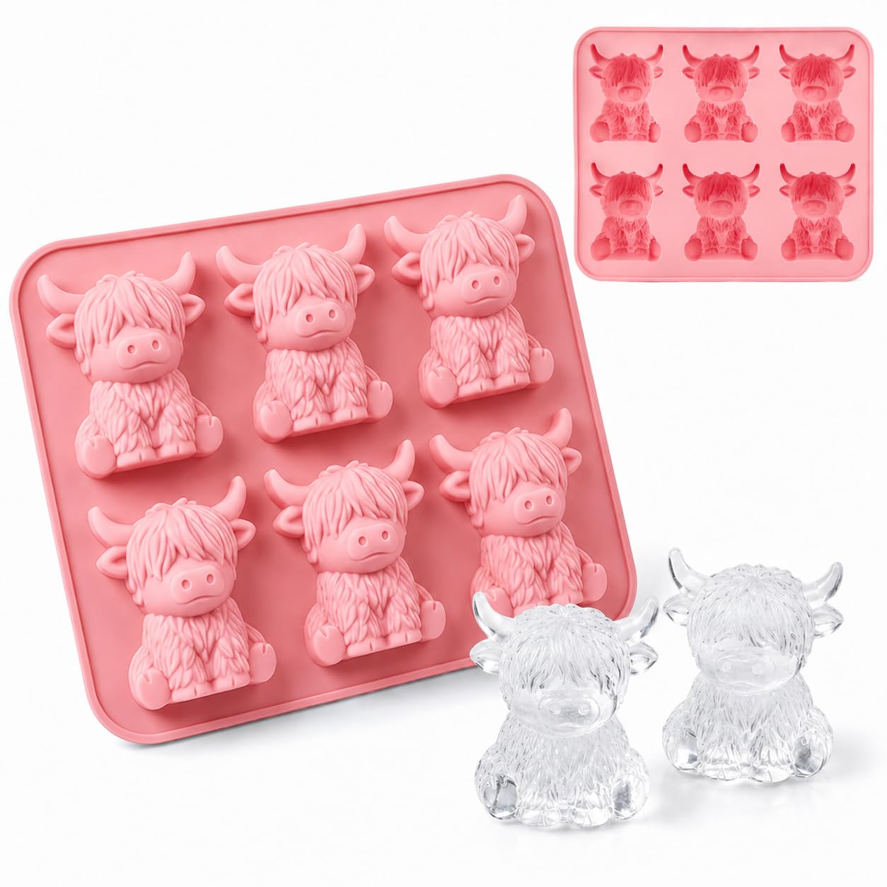 Lafefe Pink Highland Cow Ice Cube Tray Silicone, 6 Cavity Ice Cube Tray with 3D Cow Design, Food Grade Flexible Highland Cow Ice Cube Mold for Whiskey, Cocktails, Chocolate & DIY Baking