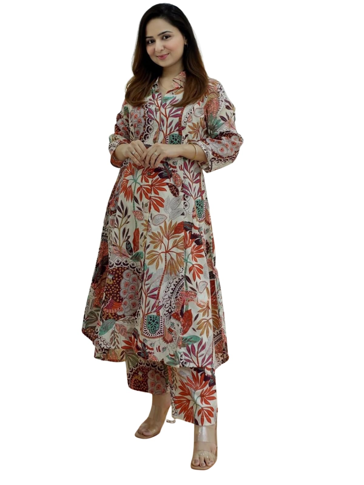 leriya fashion Women's Cotton Printed A-Line Kurti Pant Set | Abstract Leaf & Floral Kurta with Trouser Pant | Casual Ethnic Co-ord Set for Women Stylish | Elegant Anarkali Style Tunic Kurta Set-picture-21