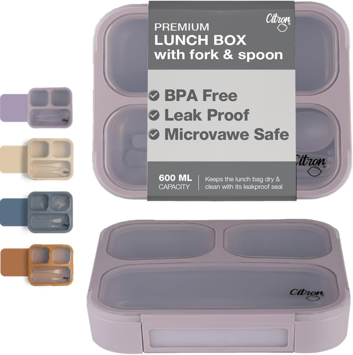 – Citron- Bento Box Lunchbox comes with Fork and Spoon | Snack and Portion Control Containers for Kids & Adults | Leakproof and BPA Free- Purple