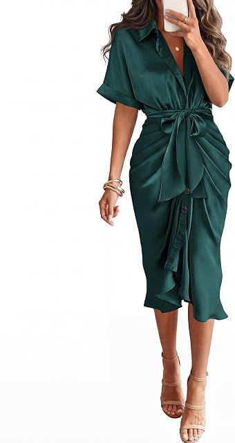 BTFBM Femmes Bouton Down Robes de chemise ruche Satin manches courtes Lapel V Col d'été Maxi Robe 2026 Fêtes Invité de mariage