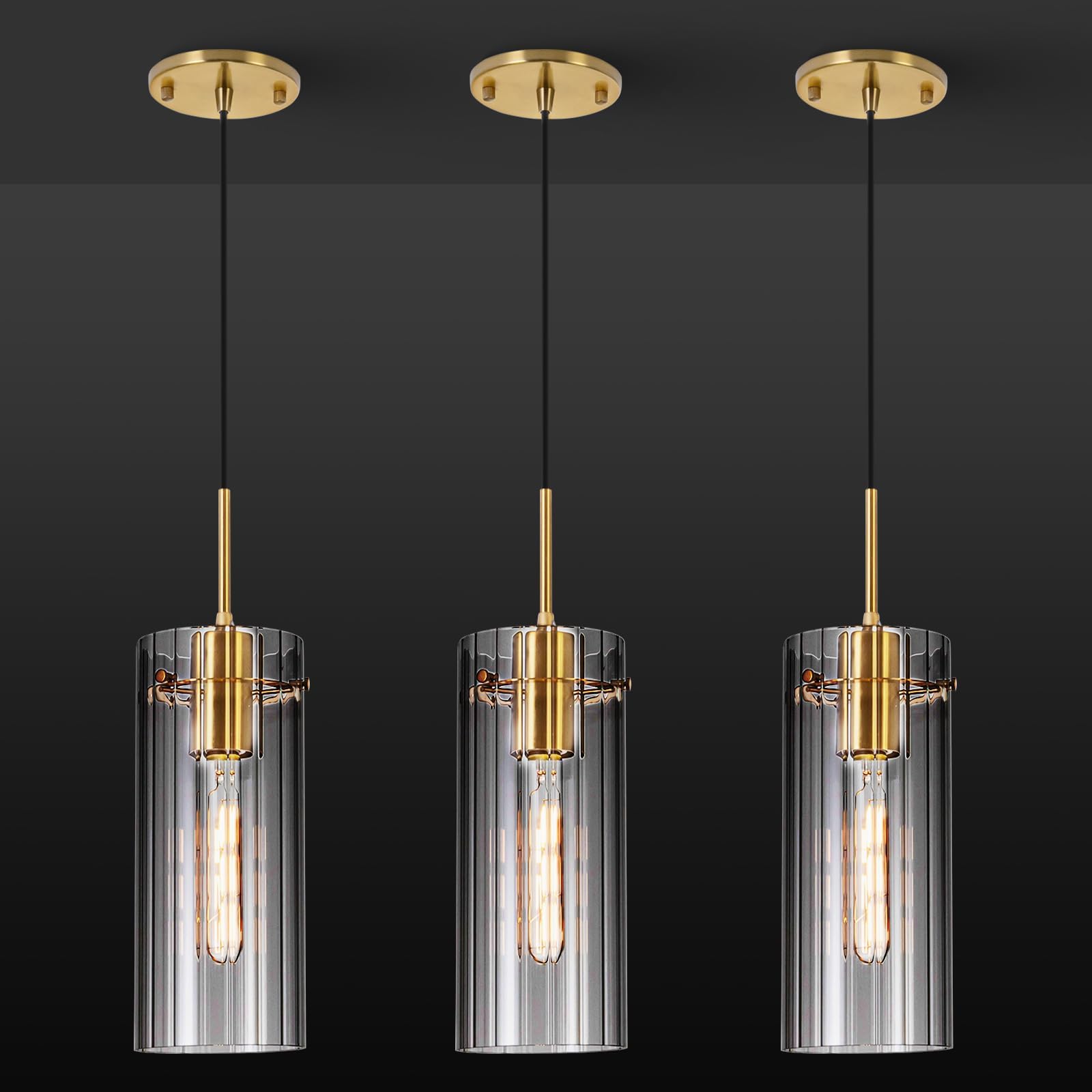 Photo 1 of FEAZAC Modern Gold Pendant Light Kitchen Island, 4.7" Glass Shade 3 Pack